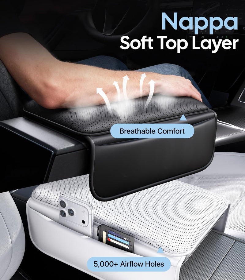 Wigoo Tesla New Model Y Juniper & Model 3 Highland Center Console Lid Cover, [Soft Support, Anti-Scratch] Nappa Leather Armrest Cover Cushion with 2 Storage Bags, Armrest Protector Accessories Black - Image 2